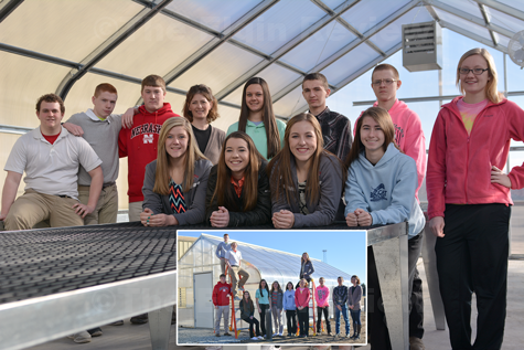 ffa-greenhouse_2632 Some of the Elgin FFA Chapter members gathered inside and outside of the new greenhouse. Pictured are (inside photo, left to right): Miles Schrage, Cole Preister, Justin Funk, Heather Bauer, Advisor Mrs. Julia Schwartz, Lizzy Mlnarik, Grace Henn, Liz Selting, Hayes Miller, Eli Heilhecker, Geoffrey Carr and Taylor Sehi. E-R photo