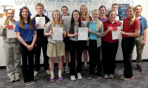 pjcc-americanism-elgin-review_0964 Pope John XXIII Central Catholic winners, l-r: Sydney Kerkman, Haley Zegers, Kyle Schumacher, Jordan Mescher-Grade 11 and 12 First Place, Emily Seier, Lizzie Mlnarik-Grade 9 and 10 First Place, Amy Nelson, Faith Kinney-Grade 7 and 8 First Place, Kayce Kallhoff, Lauren Seier, Noah Knievel, Breanna Bartak and Hunter Charf. Not pictured-Justin Funk.